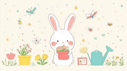 114.A charming set featuring a bunny with rosy cheeks holding a flower pot, accompanied by garden accessories like trowels, seed packets, watering cans, and lively insects, all depicted in a colorful