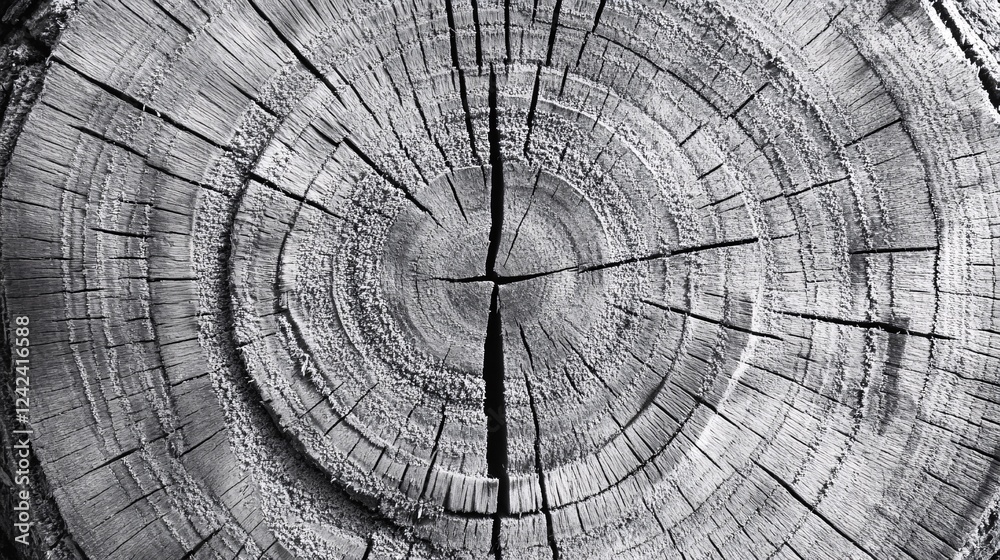 Poster Monochrome image displaying the cross section of a tree trunk and its annual rings