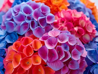 Fototapeta premium A stunning close-up of vibrant hydrangea flowers in shades of pink, blue, and purple. The intricate petals and rich colors create a mesmerizing floral composition full of natural beauty. 