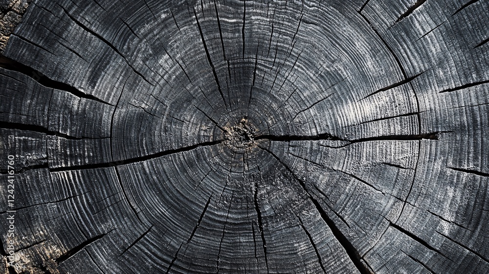 Poster ancient tree trunk displaying concentric growth rings and cracks with a dark, weathered appearance