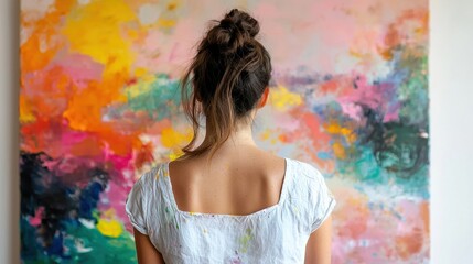 Woman Observing Colorful Abstract Artwork in Bright Interior Space