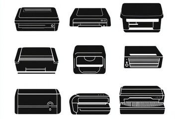 Collection of Various Printer Icons in Silhouette Style