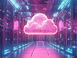 Futuristic Cloud Computing Concept with Neon-Glowing Server Racks, Data Streams, and Digital Connections Representing Modern Cloud Storage and Networking