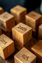 Wooden cubes with engraved numbers, featuring the year 2025, representing future aspirations and goal setting
