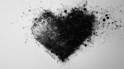 Exploding black heart, grunge texture, white background, heartbreak design