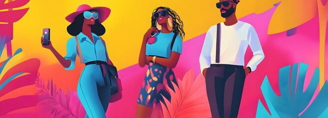 A vibrant digital marketing campaign featuring influencers promoting a product on their social media pages