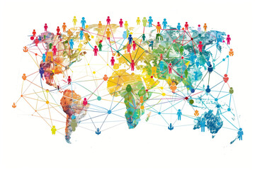 Fototapeta premium Global network connecting diverse people across colorful world map. Social connection concept