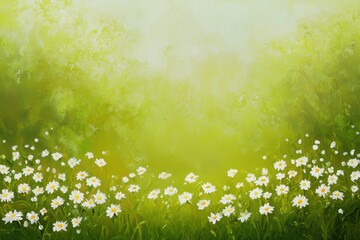 Obraz premium Vibrant Meadow Scene with Delicate Daisy Clusters in Soft Green Background