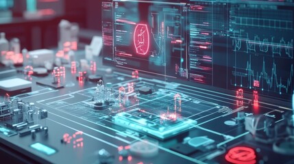 A medium closeup image depicting an organized array of custom biosensors on a lab workbench with calibration equipment and digital readouts displaying realtime biometric data flowing