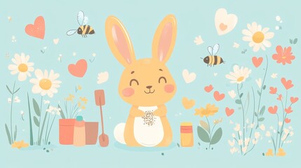 Obraz premium 112.A kawaii illustration set of a happy bunny planting seeds with a small shovel, surrounded by garden supplies, blooming flowers, buzzing bees, and tiny hearts, all rendered in a bright and tidy