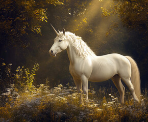 White unicorn stands in forest sun is shining through the clouds