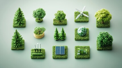 Eco-friendly icons trees, wind turbine, solar panel, and globe on green squares.