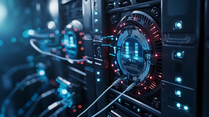 Obraz premium High tech fiber optic system with glowing connections in server room