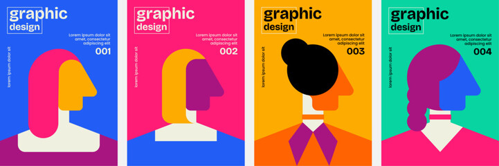 Bold geometric portrait poster series featuring vibrant abstract geometric people.