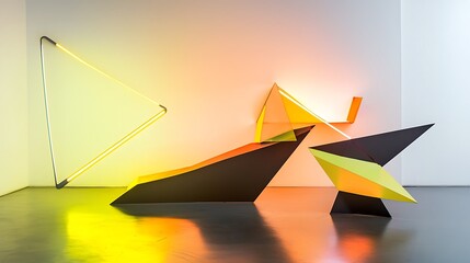 A room with a variety of sculptures and art pieces, including a large black