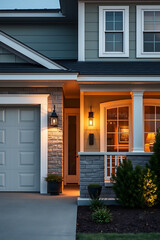 Illuminated Suburban Home at Dusk: Captivating Brick Architecture and Landscaping