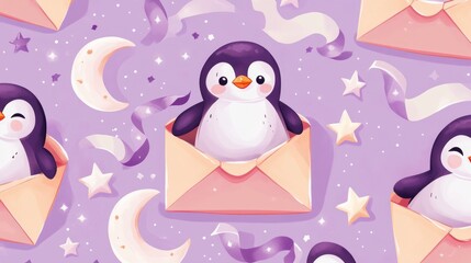 88.A playful illustration of cheerful penguins sitting inside mail envelopes, surrounded by floating stars, crescent moons, and swirling ribbons, forming a seamless design against a soft lavender