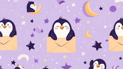 Fototapeta premium 88.A playful illustration of cheerful penguins sitting inside mail envelopes, surrounded by floating stars, crescent moons, and swirling ribbons, forming a seamless design against a soft lavender