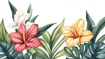 Vibrant Floral Arrangement with Tropical Leaves and Colorful Blooms