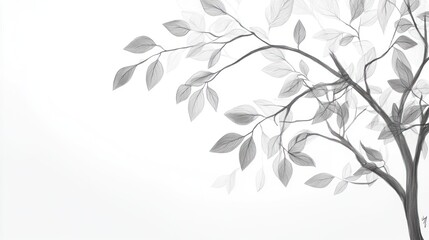Fototapeta premium Monochrome tree branch, leaves, white background, nature illustration, website header