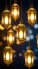 Obraz premium Elegant Ramadan Lanterns with Soft Lighting, with a blurred bokeh effect in the background