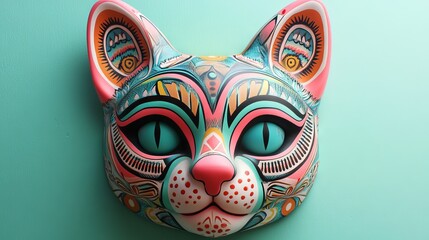 120.A vibrant and whimsical cat mask with a cartoonish design, complete with a cute pink nose, exaggerated ears, and intricate patterns along the edges, framed by light pastel tones for a playful