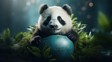 Obraz premium Cute panda baby hatching from a vibrant blue globe surrounded by lush green foliage, symbolizing Earth and nature’s beauty during Earth Hour celebration