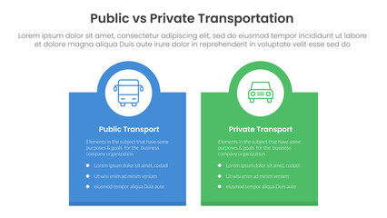 public transport vs personal vehicle comparison concept for infographic template banner with box banner and circle on top with two point list information