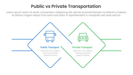 public transport vs personal vehicle comparison concept for infographic template banner with diamond outline shape and rectangle with two point list information