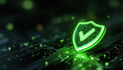 Glowing green shield with check mark on digital circuit background
