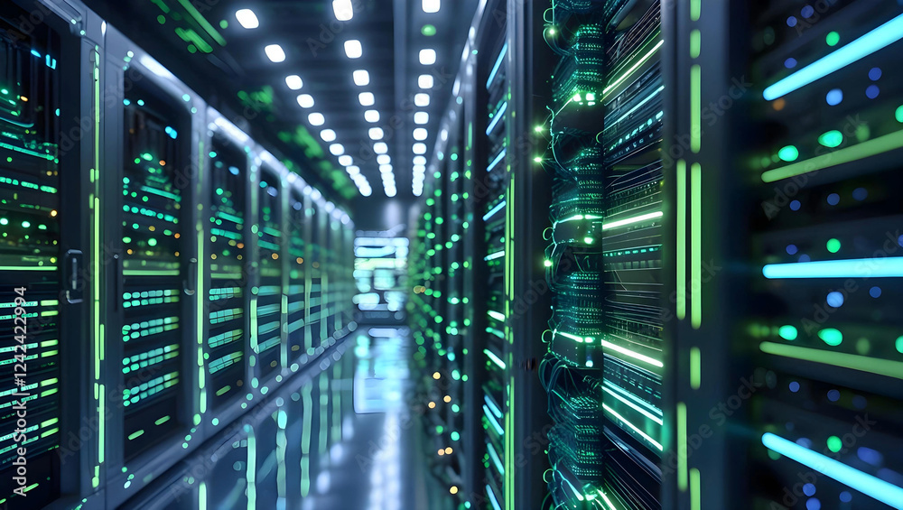 Wall mural a futuristic server room where rows of sleek, silver servers hum with activity, their intricate circ