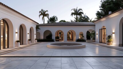 home exterior architecture design concept,  A luxurious Mediterranean-style villa exterior with stucco walls, terracotta roof tiles, arched doorways, a spacious courtyard with a central fountain