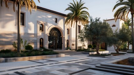 Obraz premium home exterior architecture design concept, A luxurious Mediterranean villa with stucco walls, elegant arched windows, a terracotta roof, and a grand entrance with a detailed wrought-iron gate