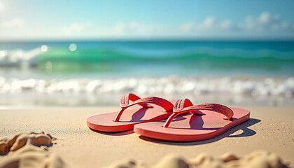 Obraz premium Beach Scene with Red Flip-Flops – Relaxing Vacation on Sandy Shore