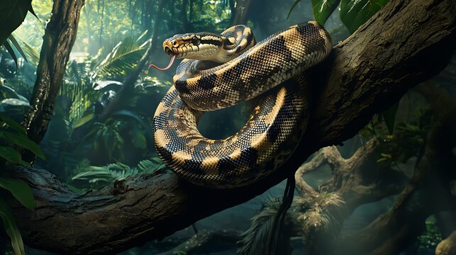 A large brown and black snake is curled up on a tree branch