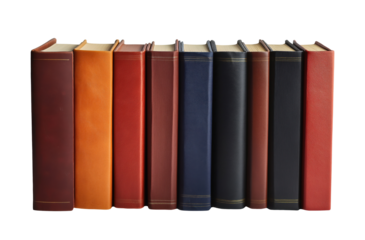 Rows of books with leather covers isolated on transparent background