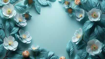 Obraz premium Elegant floral border with white roses and leaves on turquoise background