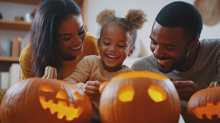 Happy family carving pumpkins together for halloween celebration