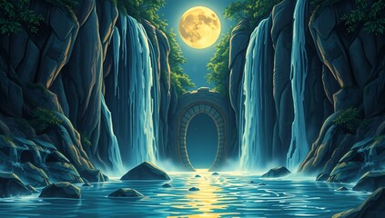 Secret Waterfall Gateway with Moonlit Glowing Runes – A mystical passage hidden behind a waterfall, its runes illuminating under the moonlight