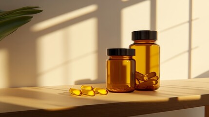 Two amber pill bottle with capsules on a wooden surface, illuminated by soft sunlight and shadows