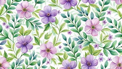 Obraz premium Floral Pattern with Purple Flowers and Green Leaves – Bright and Fresh Design for Spring and Textile Projects