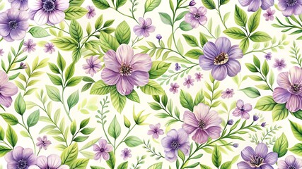 Obraz premium Floral Pattern with Purple Flowers and Green Leaves – Bright and Fresh Design for Spring and Textile Projects