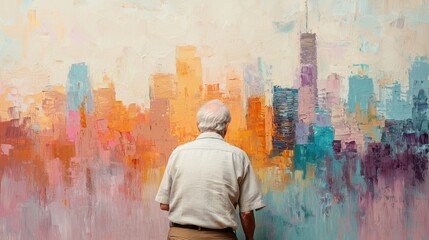 Obraz premium Senior Man Admiring Vibrant Abstract Cityscape Painting Background