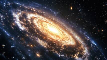Fototapeta premium Stunning Spiral Galaxy with Bright Core and Glimmering Stars in the Vastness of Space, Capturing the Beauty of Cosmic Formation and Galactic Structures
