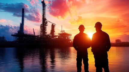 Fototapeta premium Two engineers silhouetted against refinery sunset.