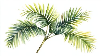 Tropical palm fronds watercolor painting, nature background, design element