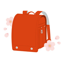 赤い定番のランドセル／桜の花／入学式・卒業式／ベクターイラスト