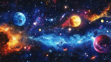 Vast Cosmic Landscape with Colorful Nebulae, Bright Stars, and Dynamic Planetary Forms Illuminating the Depths of Outer Space in Brilliant Hues and Patterns