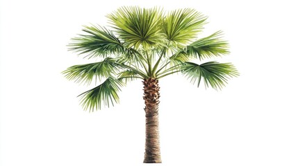 Lush green palm tree against white background, ideal for tropical designs
