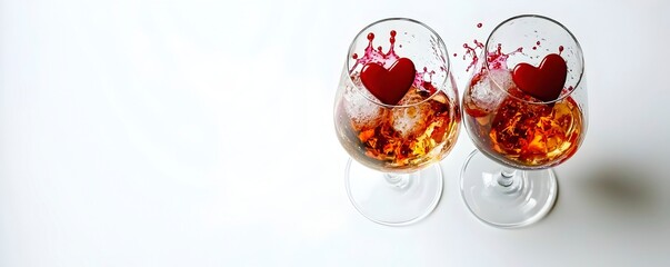 Romantic Toast with Two Glasses and Heart Shapes of Red Splash